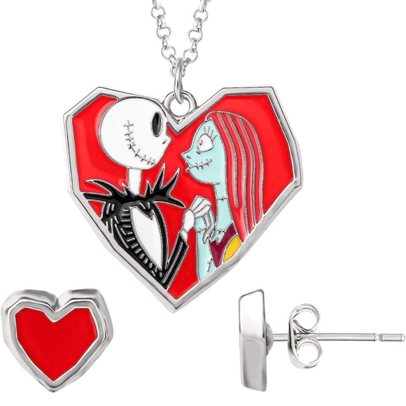Jack Sally Skellington Heart Necklace Earrings Set Nightmare Before Christmas - Picture 6 of 9